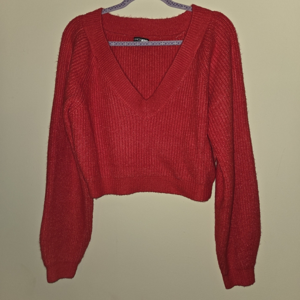 *Final Price* FashionNova Cropped Red V-Neck Sweater Long Sleeve Size 2X